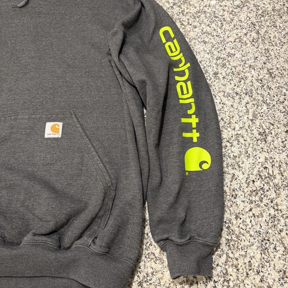 Mens Carhartt Dark Gray Neon Sleeve Logo Pullover Hoodie Sweatshirt Large